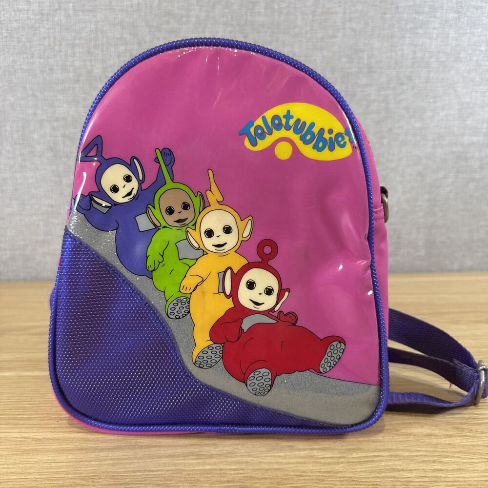 Vtg 1998 Teletubbies Mini Backpack Pink Vinyl Glitter Ragdoll Y2K Rave Bag